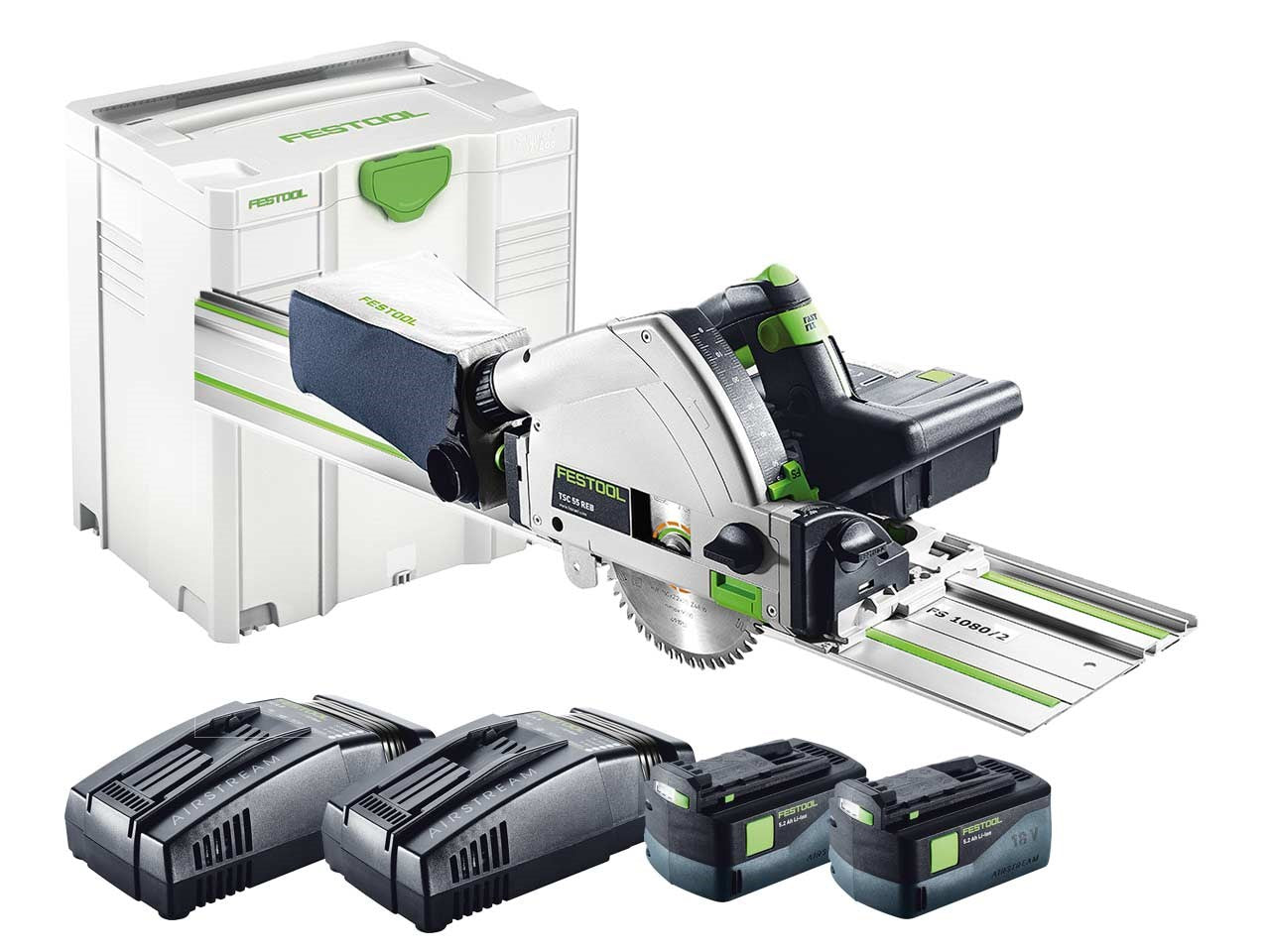 Cordless circular saw Festool TSC 55 Li 5.2 REB-Set/XL-FS 18 V 2x5.2 Ah accu. + Guide rail Festool FS 1400/2